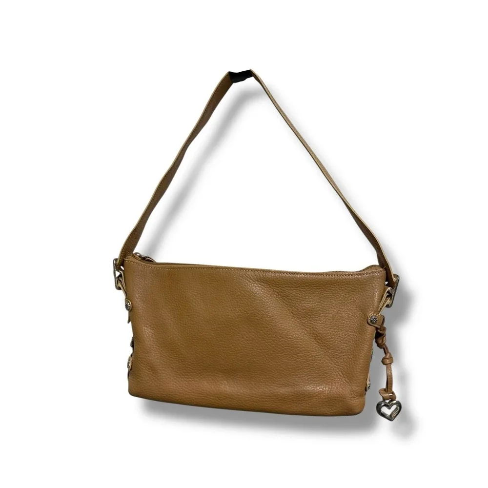 Vintage BRIGHTON Leather Latte Vivica Zip Top Hobo Bag‎ w/Silvertone Accents